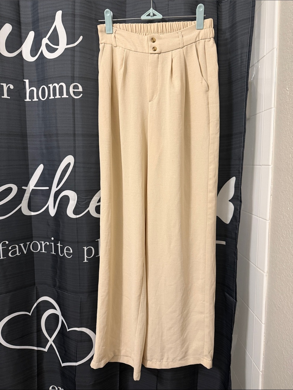Tulle Cream High-Waist Wide Leg Pants with Pleats